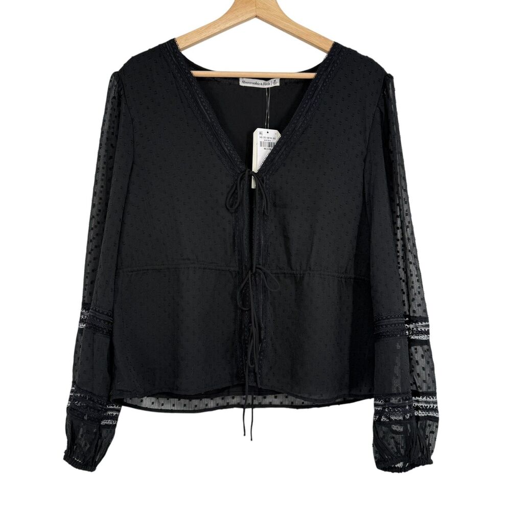 Abercrombie and Fitch Womens Sheer Blouse M Black Swiss Dot Tie Front Witchy NEW